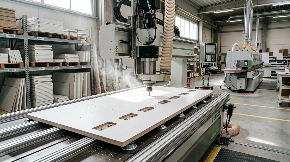CNC router cutting precise hinge holes into a large white cabinet panel in factory