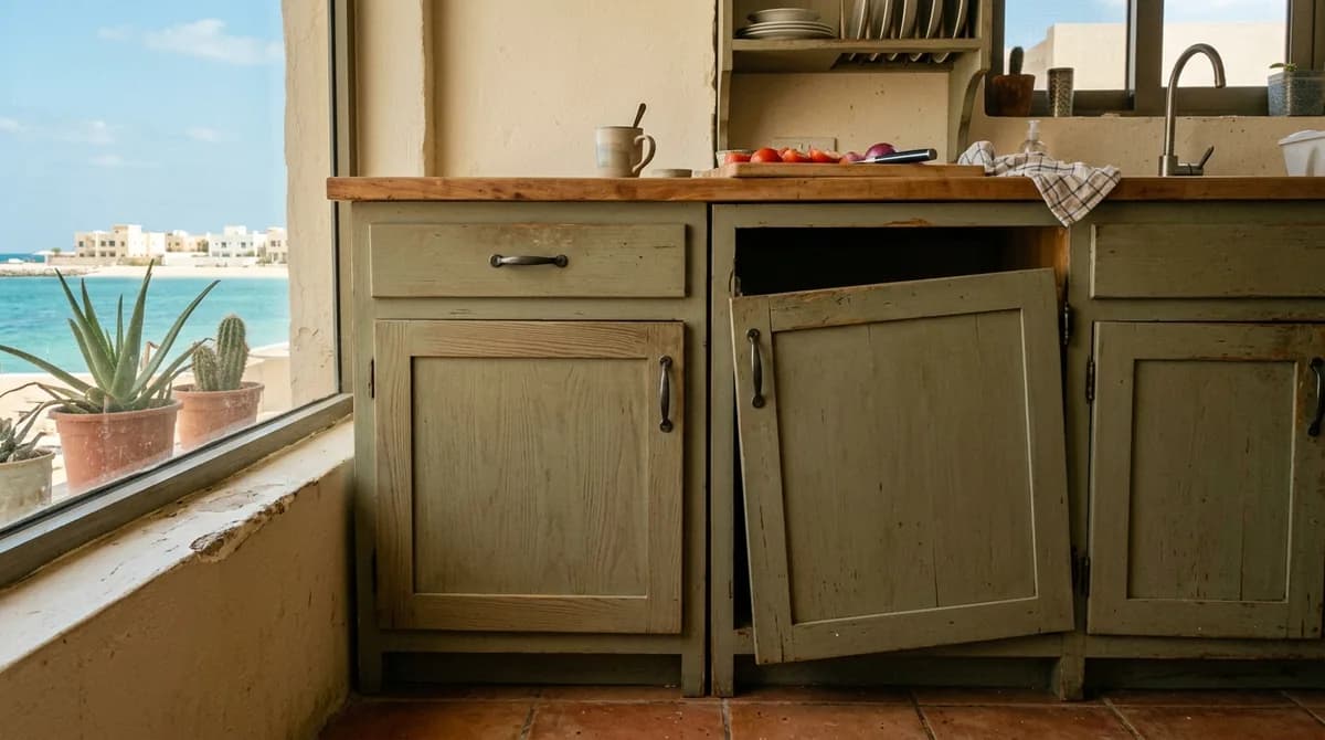 Contrasting aligned vs sagging kitchen cabinet doors in coastal UAE climate