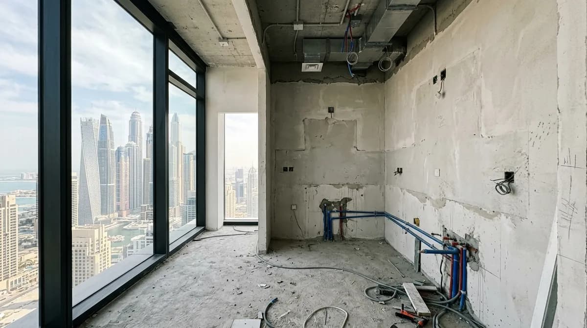 Empty modern apartment kitchen space under construction in Dubai
