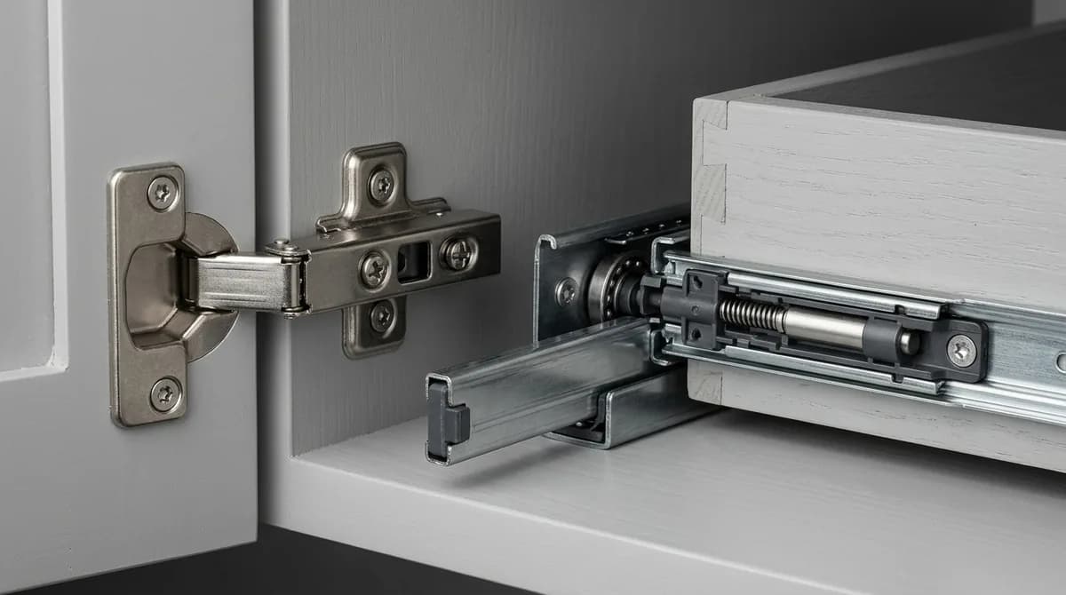 Macro photograph of concealed soft-close hinge and full-extension drawer runner