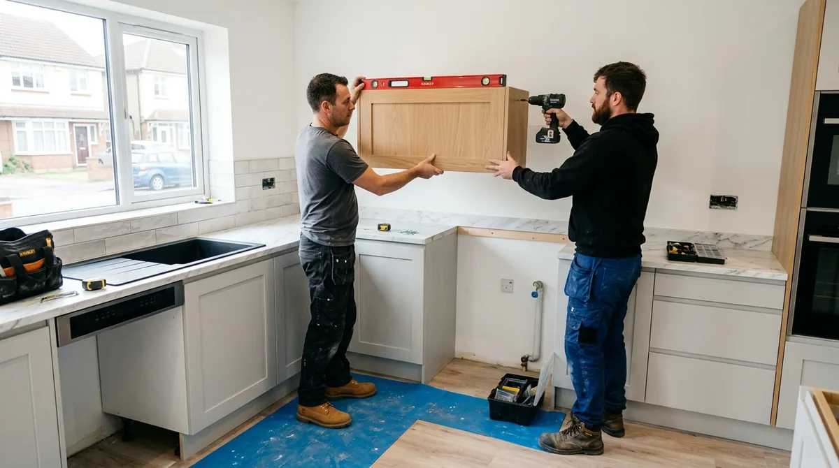 Two installers fitting a wall cabinet with spirit level in modern kitchen
