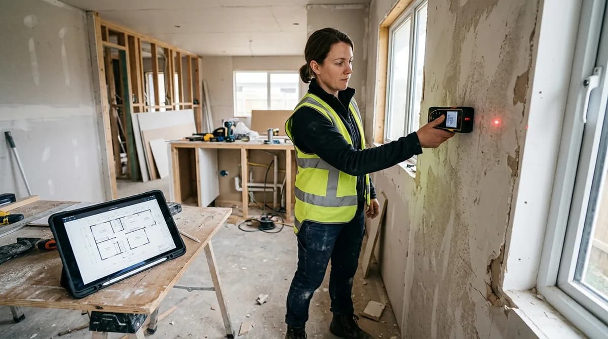 Technician holding a laser distance meter against a bare kitchen wall