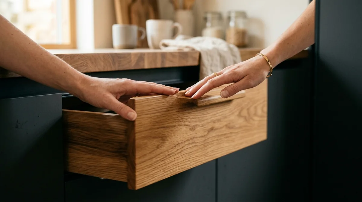 Woman hand closing a smooth oak kitchen drawer with soft-close motion