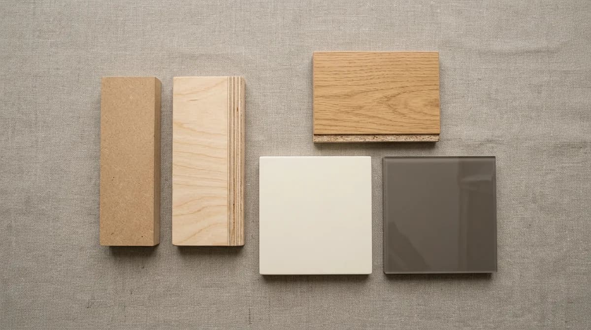 Overhead flatlay photograph of kitchen material samples MDF plywood and acrylic